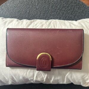 Vintage Cartier Kisslock Leather Envelope Clutch Wallet in Burgundy